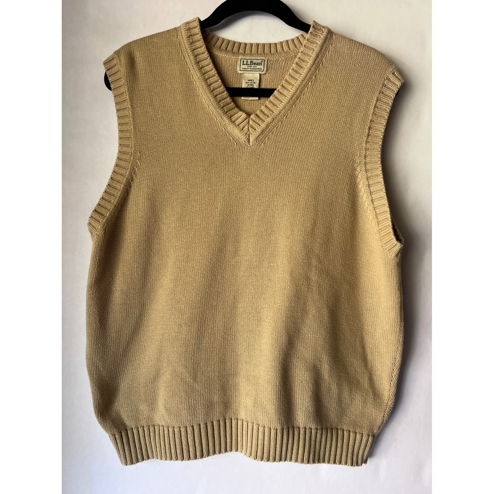 Vintage LL Bean Mens V-Neck Sweater Vest Tan Beige 100% Cotton Medium M-REG